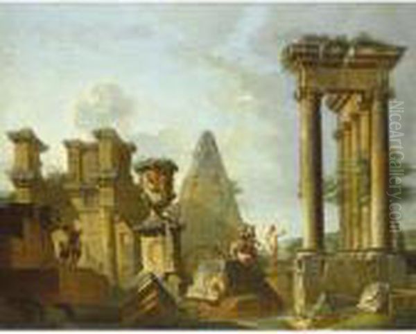 Figures Amongst Classical Ruins, Including The Pyramid Of Gaius Cestius Oil Painting by Giovanni Niccolo Servandoni