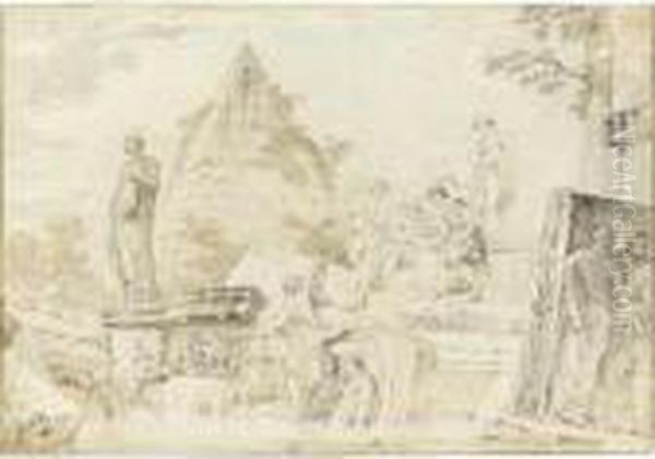 Architectural Capriccio With A 
Group Of Young Men In Discussion Amongst Roman 
Ruins With The Pyramid Of Caius Cestius Beyond Oil Painting by Giovanni Niccolo Servandoni