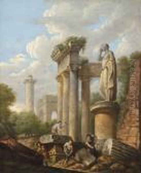Architectural Capriccio With 
Figures Excavating Classical Ruins Trajan's 
Column Beyond Oil Painting by Giovanni Niccolo Servandoni