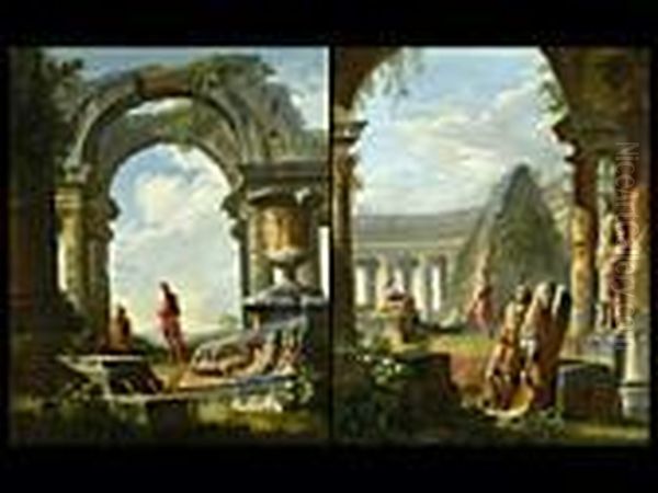 Paar Gemalde: Blick Auf Die 
Cestius-pyramide Mit Maler Und Jungling Und Marius In Den Ruinen 
Karthagos Oil Painting by Giovanni Niccolo Servandoni