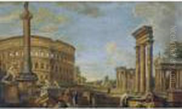 Capriccio Of Roman Ruins With 
Belisarius Begging For Alms, The Borghese Gladiator, The Dying Gaul, The
 Colosseum, Trajan's Column And The Temples Of Castor And Pollux, 
Fortuna Virilis And Vesta Oil Painting by Giovanni Niccolo Servandoni