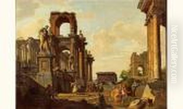 Vue Ideale De Ruines Romaines, 
Avec Le Temple De Janus Quadrifronte Et L'hercule Farnese, Animees De 
Personnages Oil Painting by Giovanni Niccolo Servandoni
