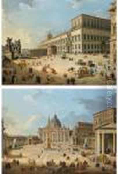 Rome, A View Of St. Peter's 
Basilica And St. Peter's Square In The Vatican With An Ambassadorial 
Procession And Figures Promenading; Rome, A View Of The Piazza And 
Palazzo Del Quirinale With An Ambassadorial Procession And Other Figures Oil Painting by Giovanni Niccolo Servandoni