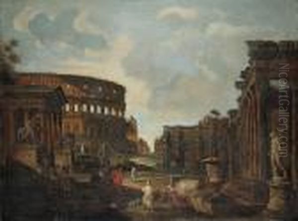 A 
 Of Roman Ruins With The Colosseum And The Arch Of Constantine Oil Painting by Giovanni Niccolo Servandoni