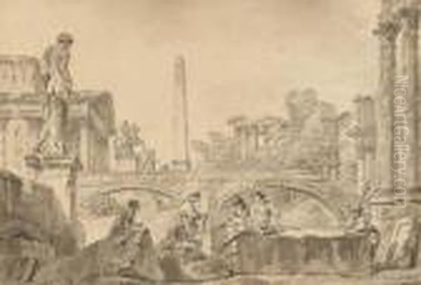 A Capriccio With The Temple Of Vesta Oil Painting by Giovanni Niccolo Servandoni