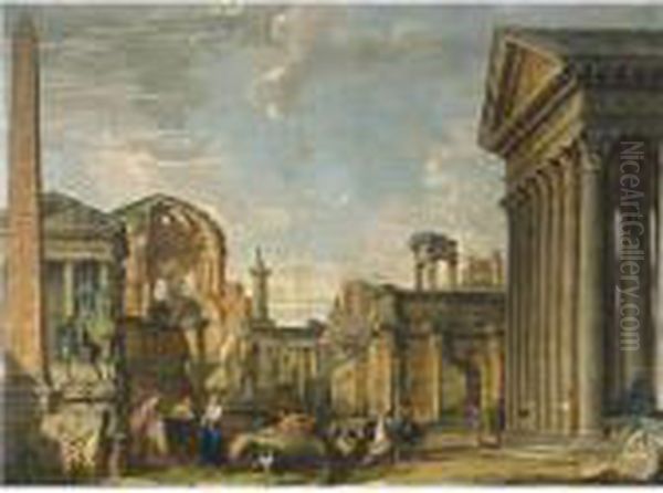 An Architectural Capriccio Of 
Roman Ruins And The Statue Of Marcus Aurelius On Horseback With A 
Soldier Returning, Other Soldiers And Figures Nearby Oil Painting by Giovanni Niccolo Servandoni