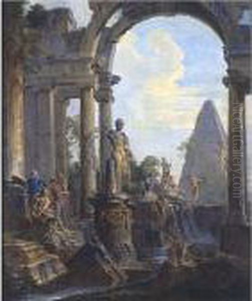 An Architectural Capriccio With 
The Pyramid Of Caius Cestius And A Classical Statue Of Meleager, 
Soldiers And Other Figures Conversing Oil Painting by Giovanni Niccolo Servandoni