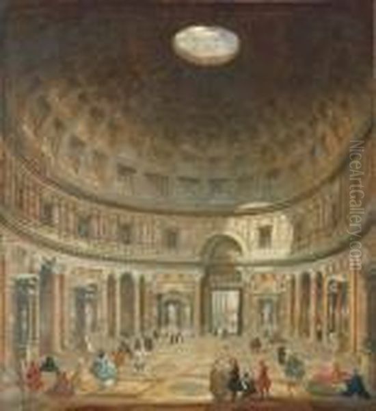 The Interior Of The Pantheon, 
Rome, Looking North From The Mainaltar Towards The Entrance Oil Painting by Giovanni Niccolo Servandoni