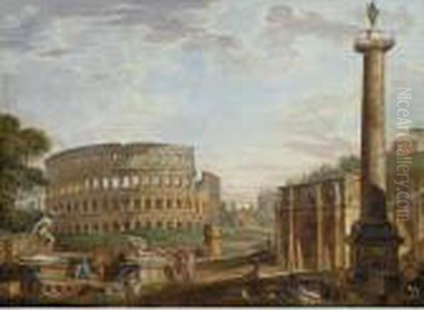 Capriccio View Of The Colisseum 
And Arch Of Constantine Near The Roman Forum, With The Statue Of The 
Dying Gaul And Trajan's Column Oil Painting by Giovanni Niccolo Servandoni