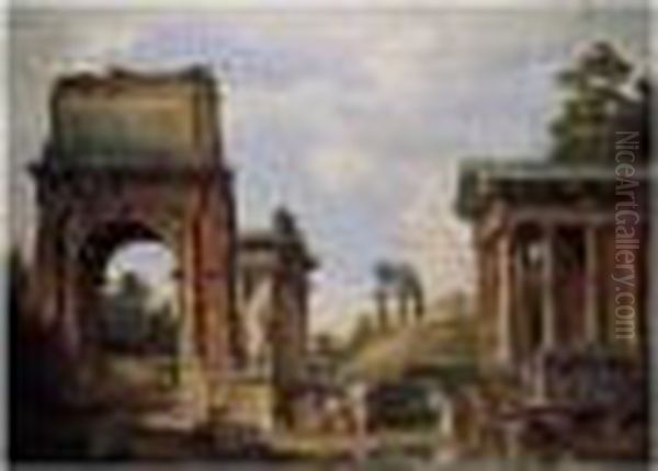 A Capriccio Of Roman Ruins And 
Monuments, Including The Arch Of Titus, The Farnese Flora, The Temples 
Of Saturn, Vespasian And Fortuna Virilis Oil Painting by Giovanni Niccolo Servandoni