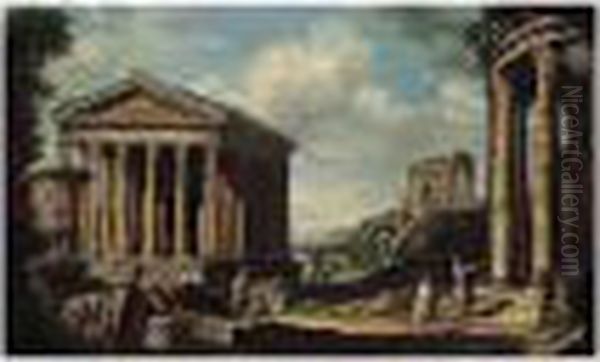Capriccio Of Classical Ruins, 
With The Borghese Vase, The Maison Carree At Nimes, The Pont Du Gard 
Near Nimes, And The Temple Of The Sibyl At Tivoli Oil Painting by Giovanni Niccolo Servandoni