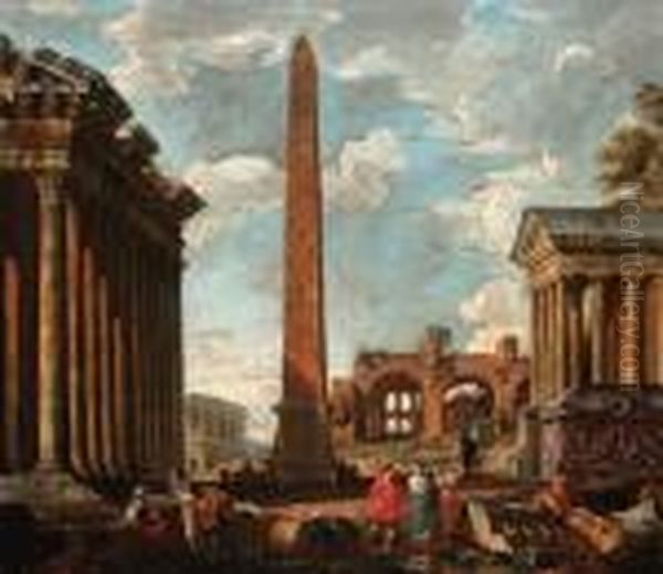 A Capriccio Of Classical Ruins 
With Figures By The Sarcophagus Of Constantine, An Obelisk, The Temple 
Of Fortuna, The Colosseum And The Basilica Of Maxentius Beyond Oil Painting by Giovanni Niccolo Servandoni
