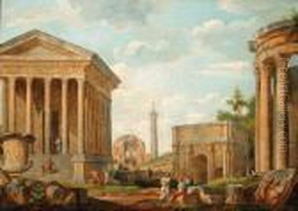 A Capriccio Of The Maison Care 
At Nmes, The Arch Of Septimusseverus, Trajan's Column, The Temple Of 
Minerva Medica And Thetemple Of Vesta With The Medici Vase And 
Philosophers In Theforeground Oil Painting by Giovanni Niccolo Servandoni