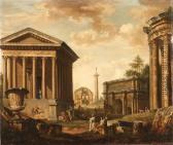 A Capriccio With La Maison Carre
 De Nmes, The Temple Of Minervamedica, The Column Of Marcus Aurelius, 
The Arch Of Septimus Severusand The Temple Of Vesta Oil Painting by Giovanni Niccolo Servandoni