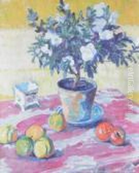 Martwa Natura Z Azalia I Jablkami, Ok. 1930 R. Oil Painting by Jozef Pankiewicz
