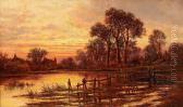 Landskap Med Vattendrag I Solnedgang Oil Painting by Henry Hillier Parker