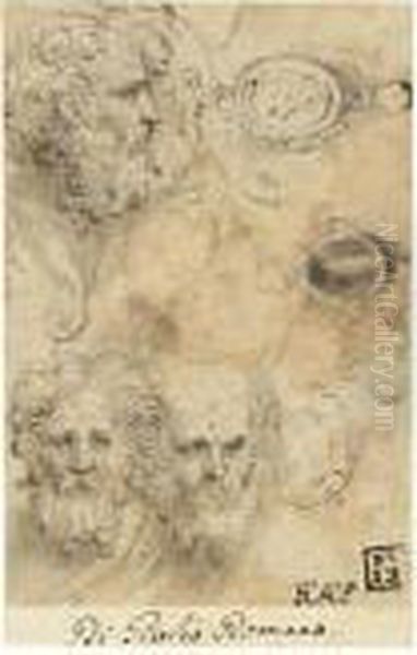 Sheet Of Studies With Four Heads
 Of Bearded Men One In Profile And Three Studies
 Of Pendant Jewels One With A Standing Figure 
And Another With An Oval Portrait Oil Painting by Girolamo Francesco Maria Mazzola (Parmigianino)