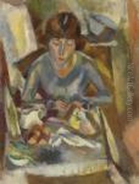 Hermine David Devant La Table Oil Painting by Jules Pascin