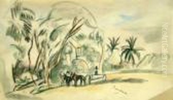 French -- Cart And Horses In A 
Tropical Village Landscape; Pencil, Black Chalk With Touches Of 
Watercolour, Bears Facsimile Signature, 13x21.5cm Oil Painting by Jules Pascin