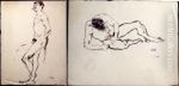 Nu D'atelier Allonge / Le Beau Moustachu (recto Verso) Oil Painting by Jules Pascin