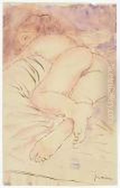 Two Watercolors.
Reclining Nude Oil Painting by Jules Pascin