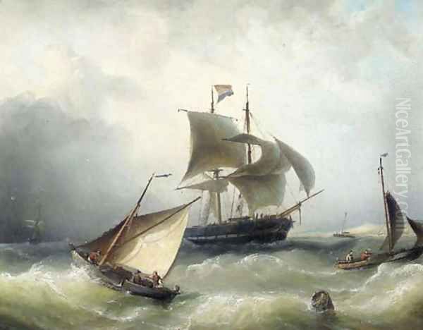 Busy shipping in a breeze off the coast Oil Painting by Nicolaas Riegen