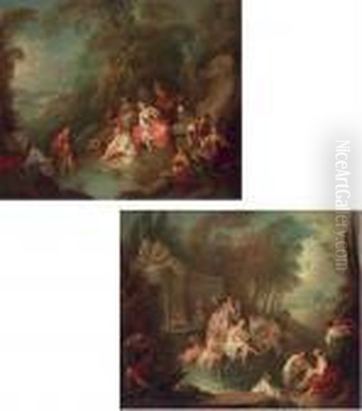 Fete Champetre With A Musician 
And A Statue Of Venus Behind; And Fete Champetre With Bathers In Front 
Of A Fountain Oil Painting by Jean-Baptiste Joseph Pater
