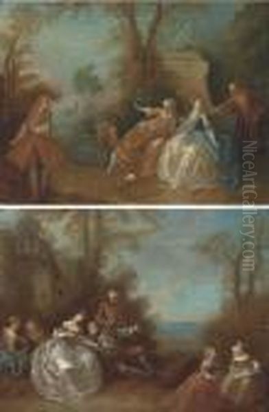 Elegant Company In A Wooded 
Clearing; And Elegant Companycavoorting In A Classical Landscape Oil Painting by Jean-Baptiste Joseph Pater