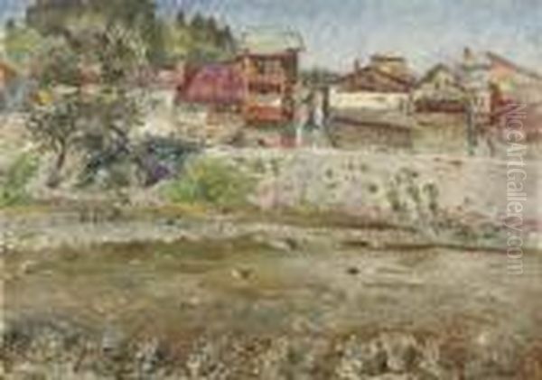 Village Along A River In Kossowa, Poland Oil Painting by Fryderyk Pautsch