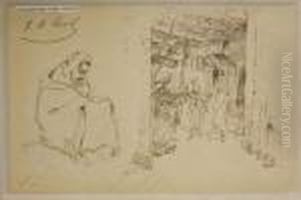 Personnage Assis. Animation Au Souk. Oil Painting by Elie Anatole Pavil