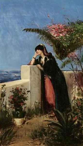 Young Woman on the Terrace (R&ecirc;verie sur la terrasse) Oil Painting by Georges Antoine Rochegrosse