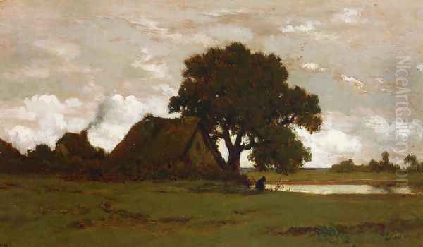 Cottages near a Pond Oil Painting by Theodore Rousseau