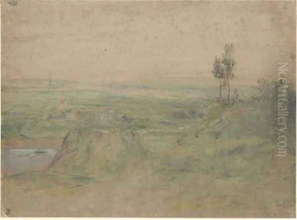 A cliff overlooking a small village along a river near Meudon Oil Painting by Theodore Rousseau