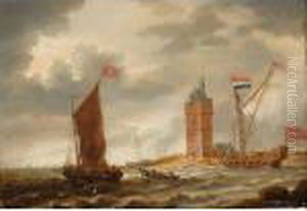 Shipping In A Breeze Before A 
Coast With A Fortified Tower; Shipping In Stormy Seas Near An Island Oil Painting by Bonaventura, the Elder Peeters