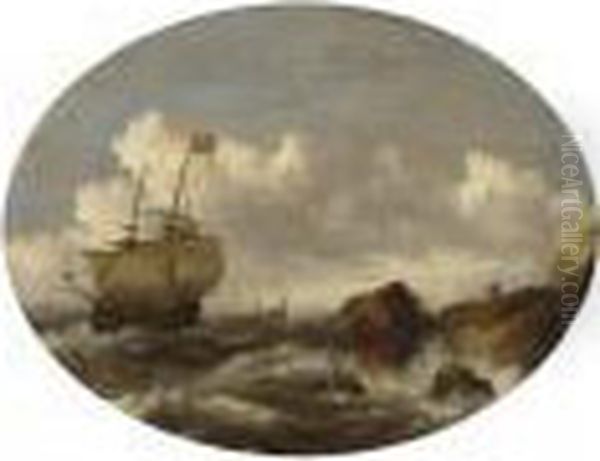 An English Merchantman And Other
 Vessels In A Rough Sea, With A Shipwreck Near The Rocks In The 
Foreground Oil Painting by Bonaventura, the Elder Peeters