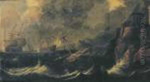 Three-masters And Other Shipping
 In A Storm, Nearby A Rocky Coastwith Travellers Nearby A City Gate Oil Painting by Bonaventura, the Elder Peeters