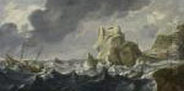 A Mediterranean Harbour Entrance
 With Shipping On Rough Seas And A Shipwrecking In The Foreground, A 
Fortified Castle And A Town In The Background Oil Painting by Bonaventura, the Elder Peeters