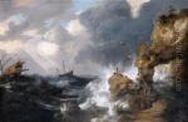 A Whaler Shipwrecked Off A Rocky
 Coast In A Gale, With A Whalerising In The Sea, Other Shipping And 
Survivors On An Outcrop Inthe Foreground Oil Painting by Bonaventura, the Elder Peeters