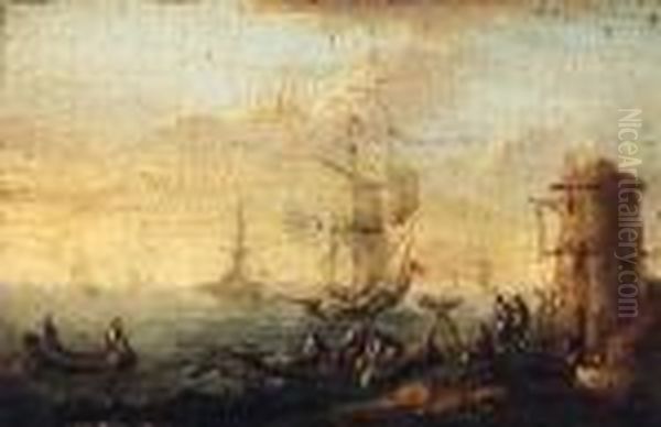 Rowing Boats By A Shoreline, A 
Kaag Beyond; And A Shipwreckedsailing Boat Off A Rocky Coastline Oil Painting by Bonaventura, the Elder Peeters
