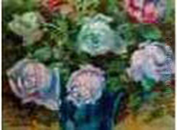 Les Roses Au Vase Bleu Oil Painting by Auguste Pegurier