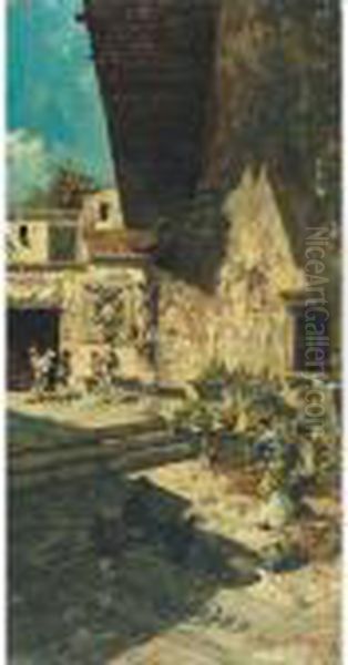 Musicians And Dancers In A 
Moonlit Courtyard; Peasants Watching A Group Of Men In A Dispute In 
Sunlit Courtyard Oil Painting by Carlo Pellegrini