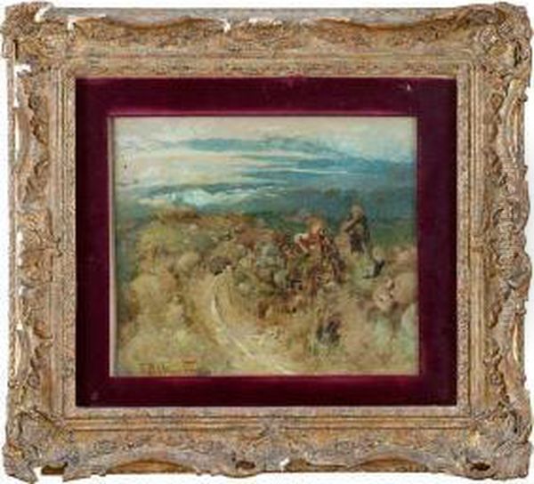 Pastorelli In Corsa Sul Sentiero Oil Painting by Tito Pellicciotti