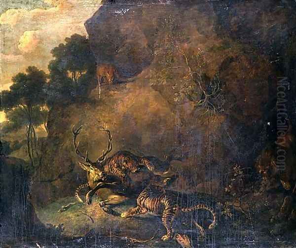 Tigers attacking a stag in rocky landscape Oil Painting by Carl Borromaus Andreas Ruthart