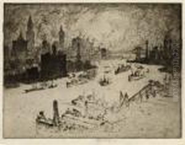 Sunset, 
From Williamsburg Bridge Oil Painting by Joseph Pennell