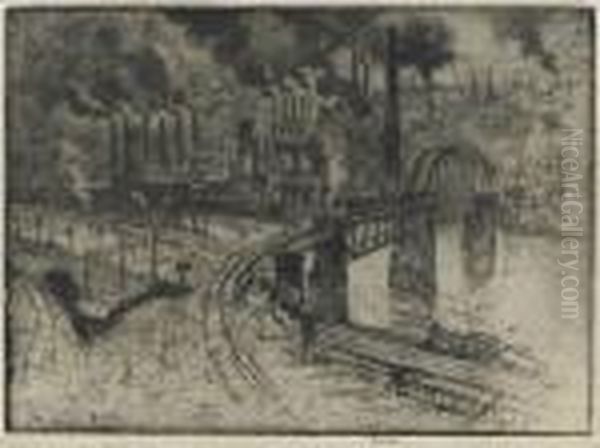 The Curving Bridge, 
Pittsburgh Oil Painting by Joseph Pennell