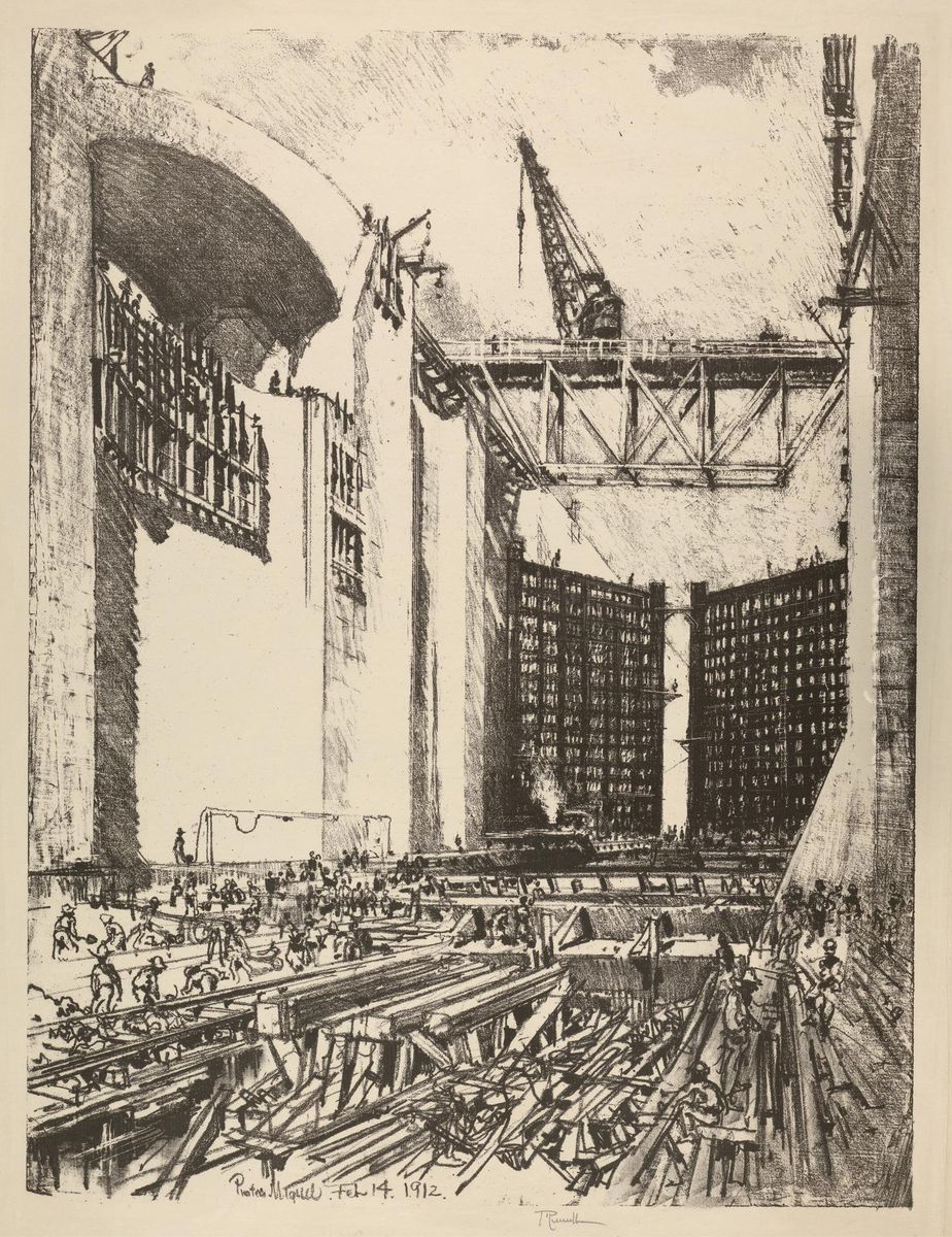 Laying The Floor Of Pedro Miguel Lock Oil Painting by Joseph Pennell