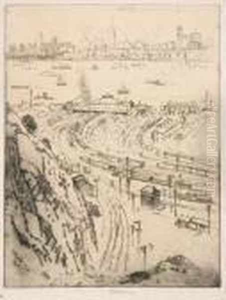 The Hole In The Ground; New York
 From Weehawken; The Woolworthbuilding; The Woolworth, Through The Arch;
 (w. 345; 495; 675;785 Oil Painting by Joseph Pennell