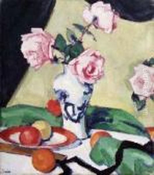 A Still Life Of Pink Roses And Fruit Oil Painting by Samuel John Peploe