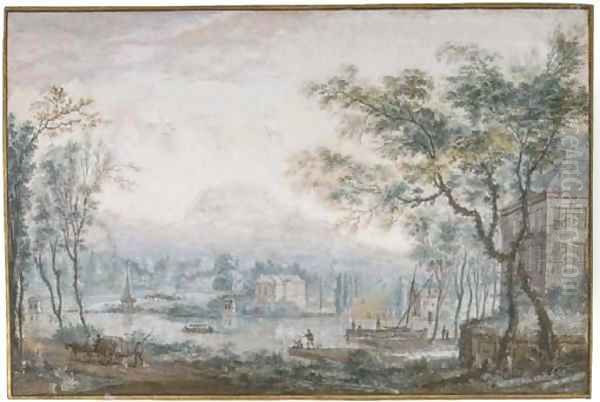 A river landscape with country houses, fishermen and peasants nearby on a track Oil Painting by Abraham Rademaker