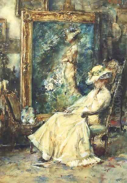 A pause from posing an elegant lady seated in the artist's studio Oil Painting by Albert Roelofs
